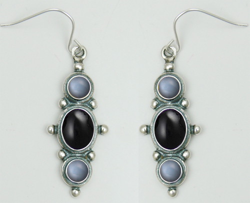 Sterling Silver Drop Dangle Earrings With Black Onyx And Grey Moonstone